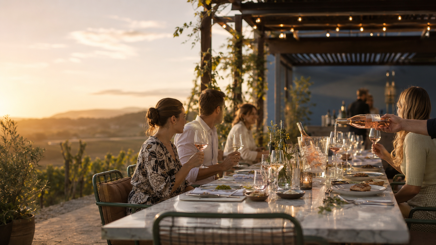 Weindinner an langer Tafel im Weinberg zur goldenen Stunde