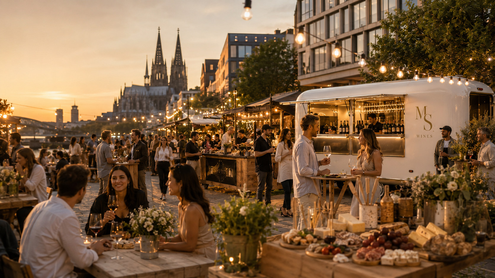 MS Wines Airstream Wine-Bar bei einem Abendevent am Rhein