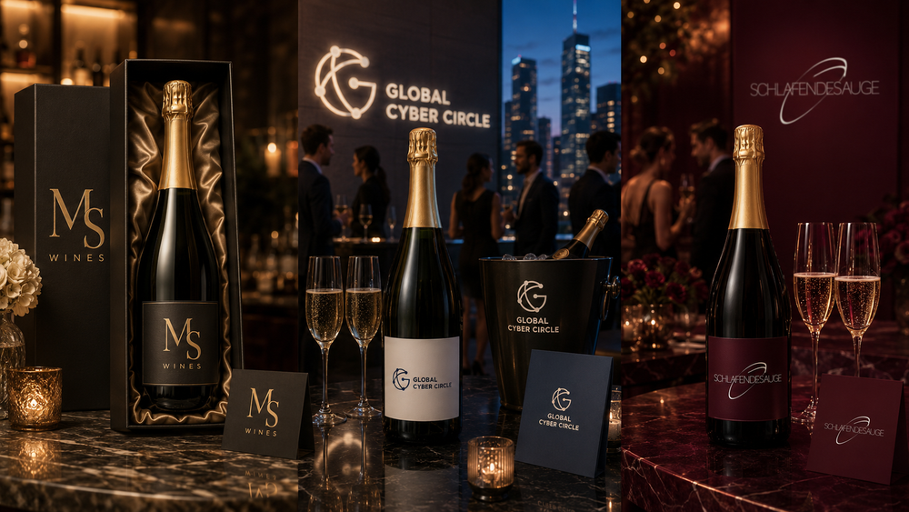 Drei individualisierte Haus-Champagner: MS Wines Geschenkbox, Global Cyber Circle Firmenevent und Schlafendesauge