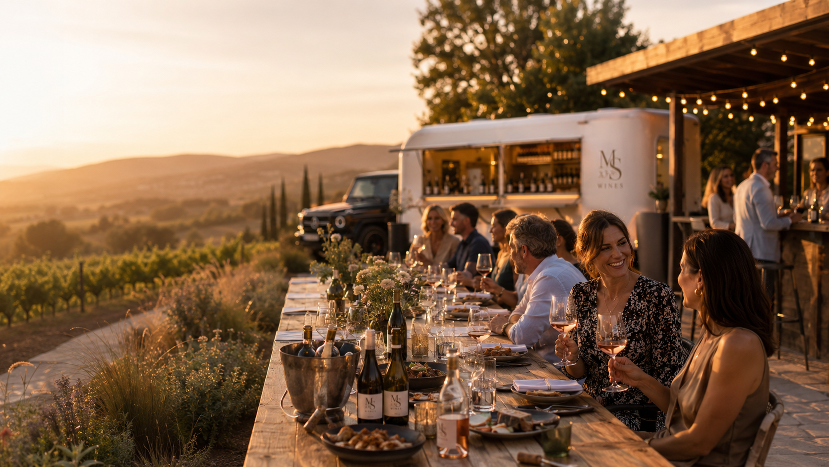 Lange gedeckte Tafel im Weinberg bei Sonnenuntergang