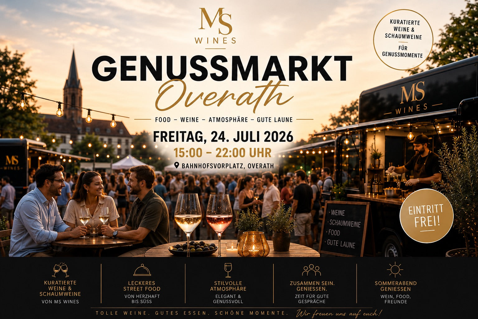 Genussmarkt Overath – Freitag, 24. Juli 2026, 15 bis 22 Uhr, Bahnhofsvorplatz Overath. Eintritt frei.