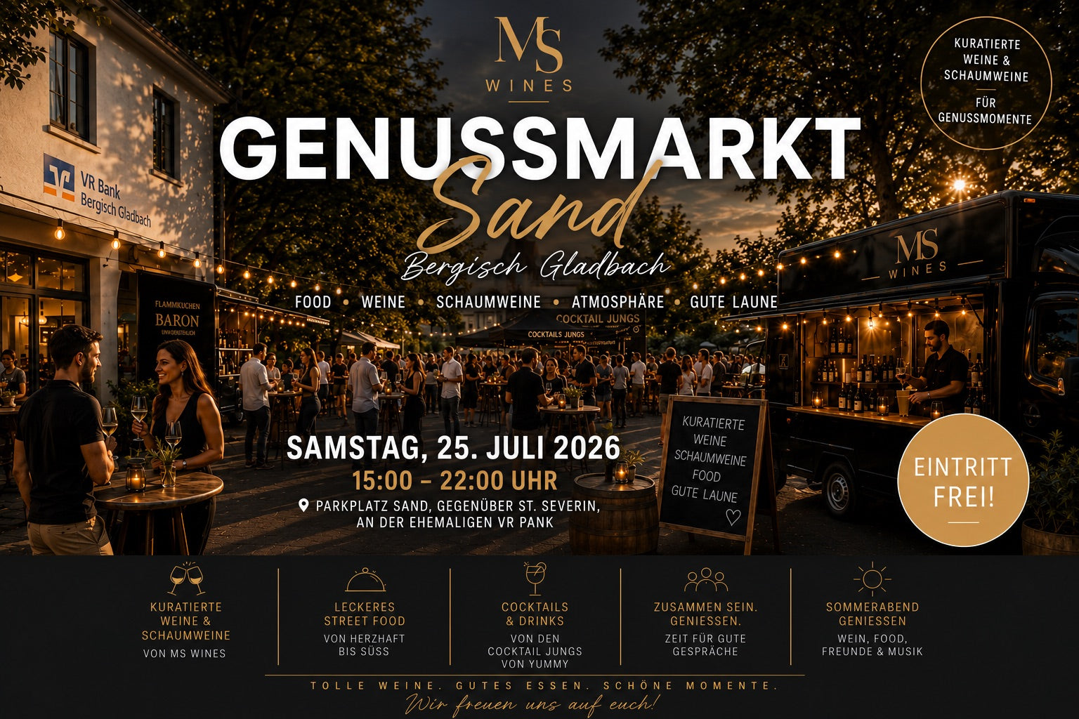 Genussmarkt Sand, Bergisch Gladbach – Samstag, 25. Juli 2026, 15 bis 22 Uhr, Parkplatz Sand gegenüber St. Severin. Eintritt frei.